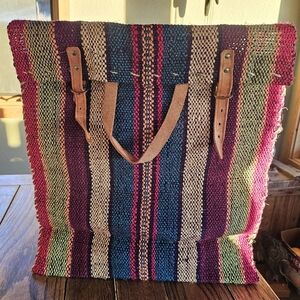 Vintage Mexican Beach Bag Tote Straw Leather Striped Colorful